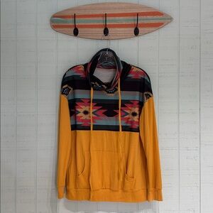 Mustard Aztec Print Cowl Neck Hoodie